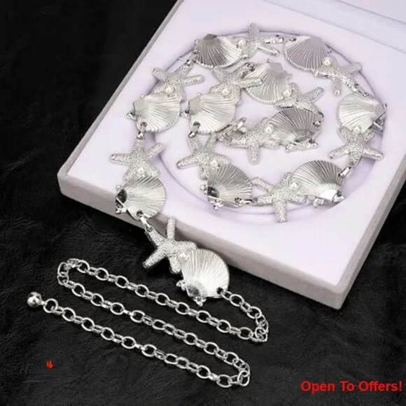 Adjustable Chain Belt with Shell Starfish and Synthetic Pearls, 47 Inch - Picture 2 of 7